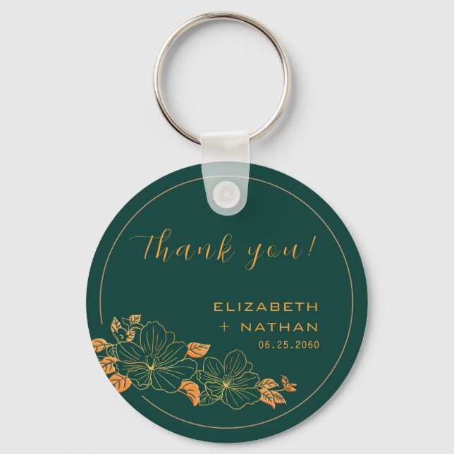 Classy Emerald Green Gold Floral Wedding Thank You Keychain (Front)