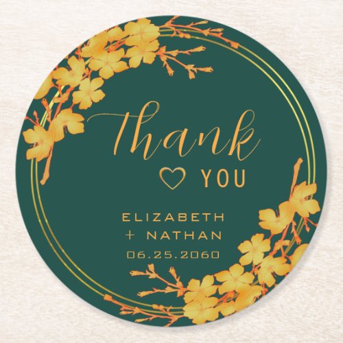 Classy Emerald Green Gold Floral Wedding Thank You Round Paper Coaster