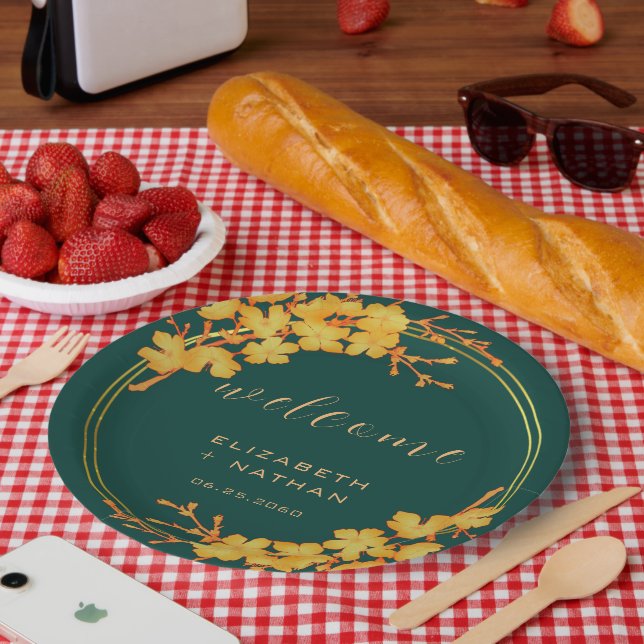 Classy Emerald Green Gold Floral Welcome Paper Plates (Picnic)