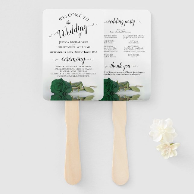Classy Emerald Green Rose Elegant Wedding Program Hand Fan (Front and Back)