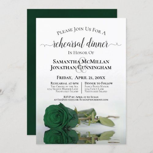 Classy Emerald Green Rose Wedding Rehearsal Dinner Invitation