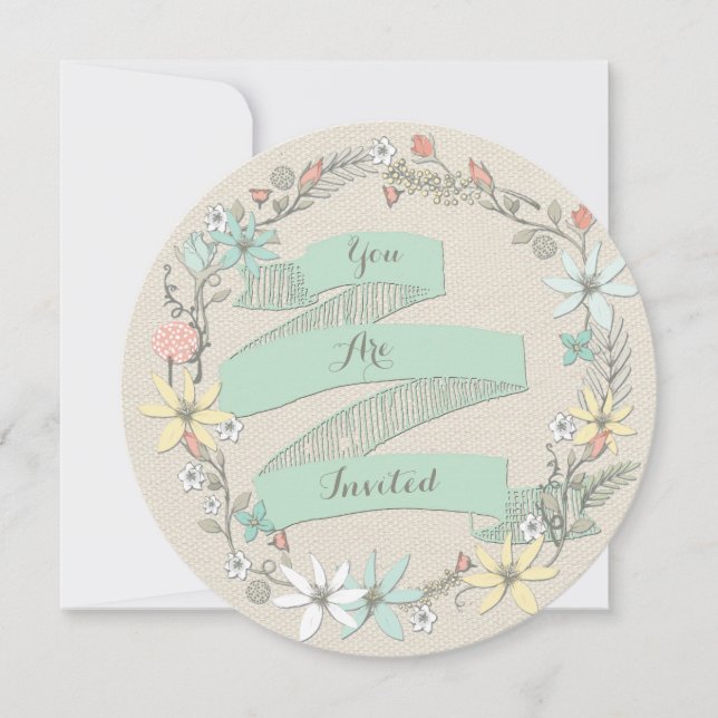 Classy Engagement Party Floral Wreath and Banner Invitation (Front)