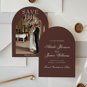 Classy Espresso Old Money Photo Arched Wedding Save The Date