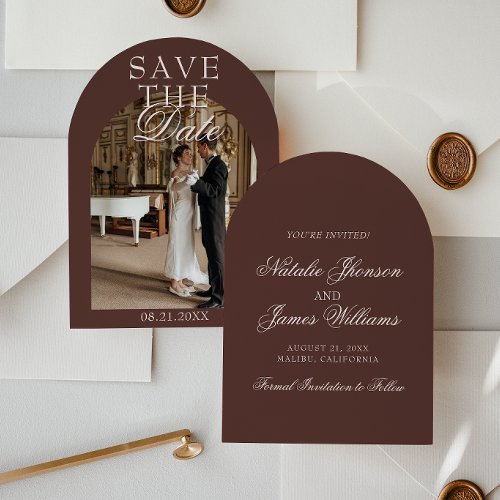 Classy Espresso Old Money Photo Arched Wedding Save The Date
