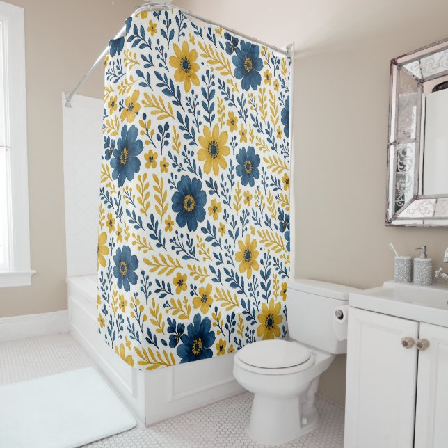 Classy Ethnic Mediterranean Floral Art Pattern Shower Curtain (In Situ)