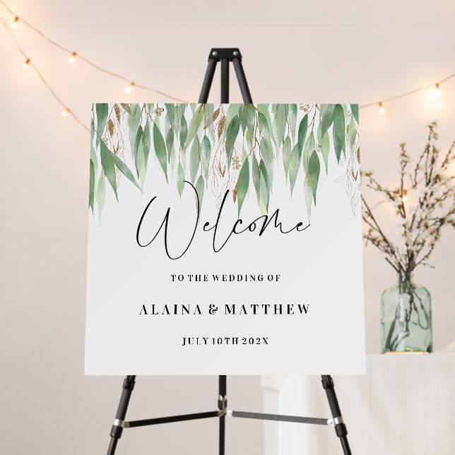 Classy Eucalpytus Leaves Gold Glitter Wedding Sign (In Situ (Stand))