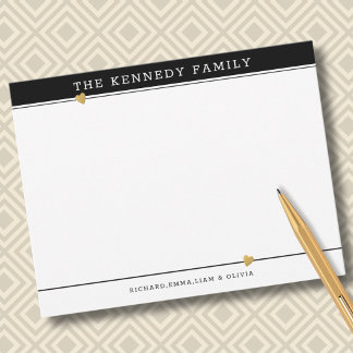 Classy Family Name Gold Heart Black And White Note Card