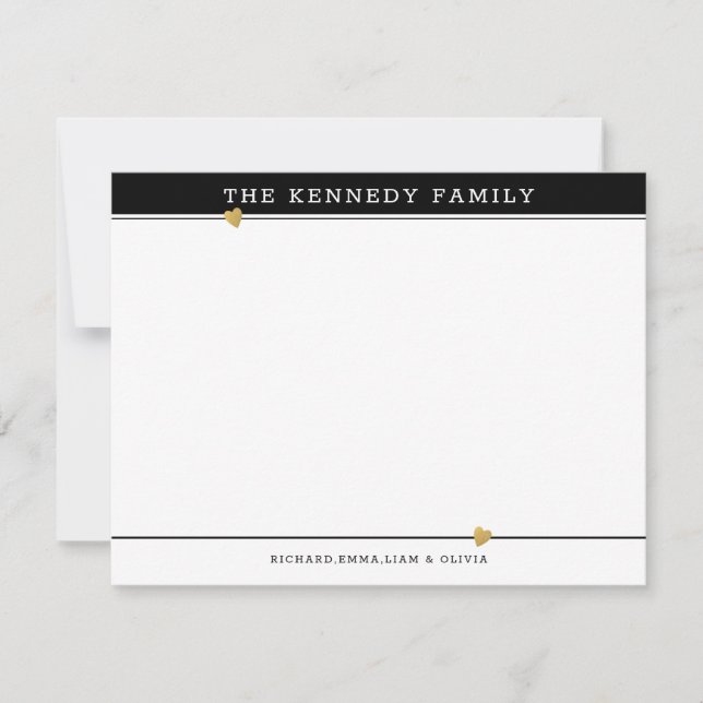 Classy Family Name Gold Heart Black And White Note Card (Front)