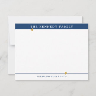 Classy Family Name Gold Heart Blue And White Note Card