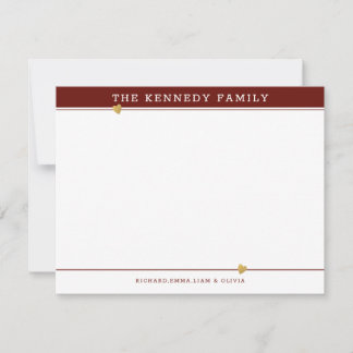 Classy Family Name Gold Heart Maroon And White Note Card