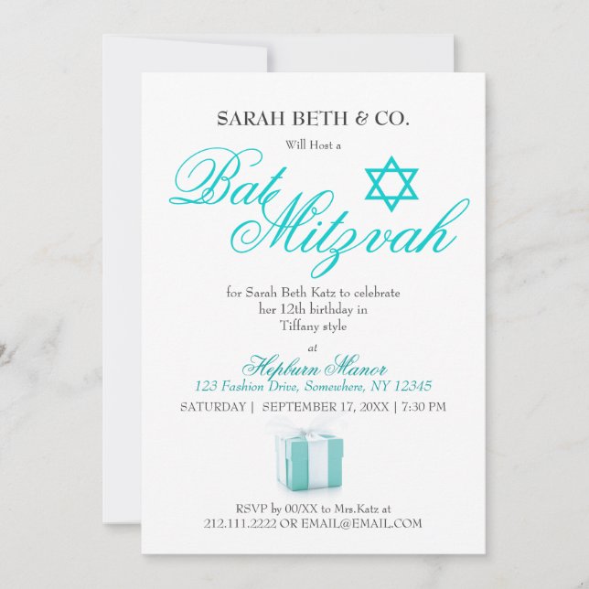 Classy Fashion Blue Theme Bat Mitzvah Birthday Invitation (Front)