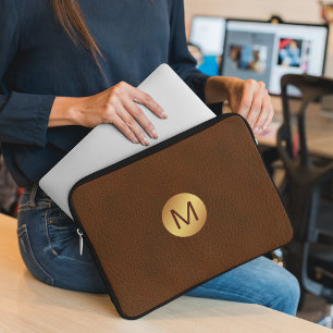 Classy Faux Brown Leather & Gold Initial Name Laptop Sleeve