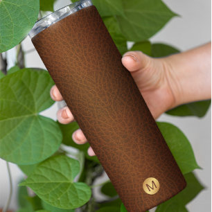 Classy Faux Brown Leather & Gold Initial Name Thermal Tumbler