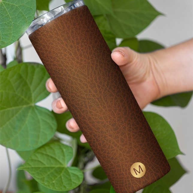 Classy Faux Brown Leather & Gold Initial Name Thermal Tumbler (Creator Uploaded)