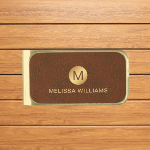 Classy Faux Brown Leather & Gold Monogram Name Finish Money Clip