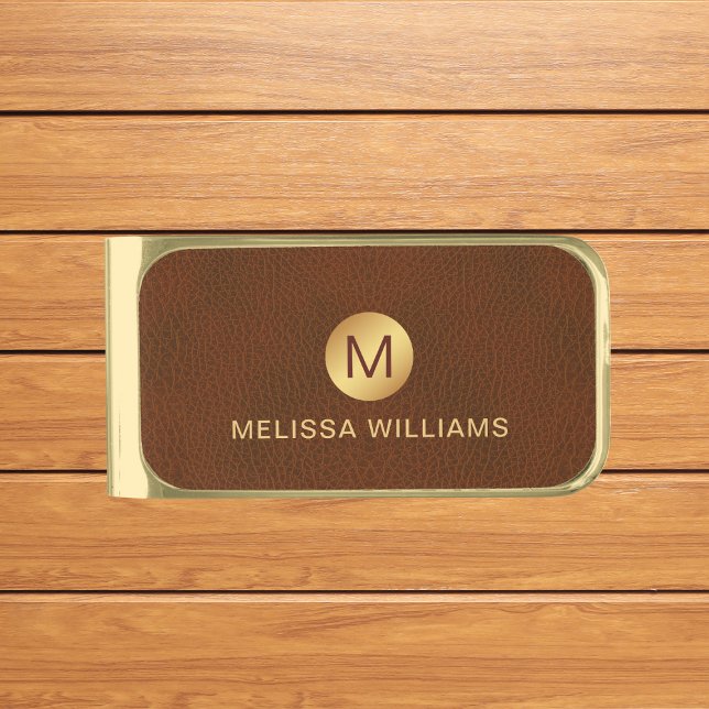 Classy Faux Brown Leather & Gold Monogram Name Finish Money Clip (Creator Uploaded)