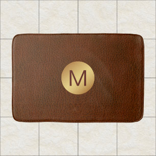 Classy Faux Brown Texture & Gold Initial Name  Bath Mat
