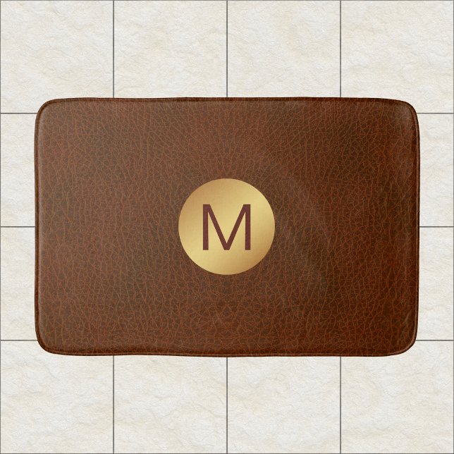 Classy Faux Brown Texture & Gold Initial Name  Bath Mat (Creator Uploaded)
