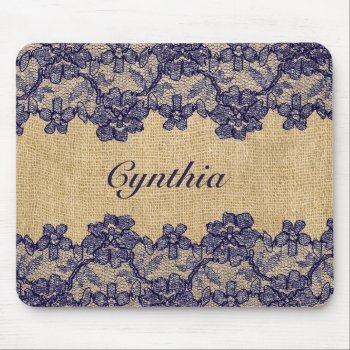 Classy Faux Burlap And Navy Lace Mouse Pad by PandaCatGallery at Zazzle