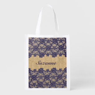 Classy Faux Burlap and Navy Lace Reusable Grocery Bag