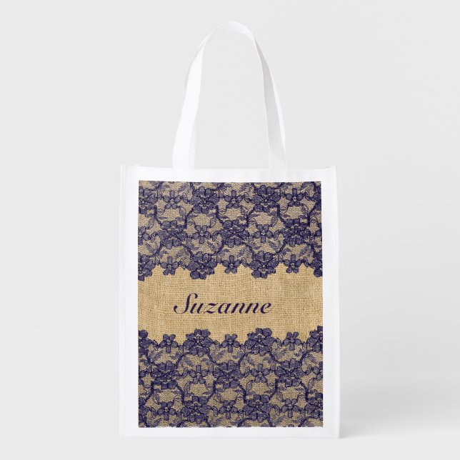 Classy Faux Burlap and Navy Lace Reusable Grocery Bag (Front)