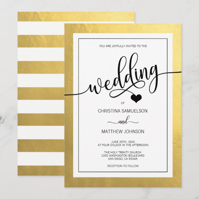 Classy Faux Gold Foil  Black & White Heart Wedding Invitation (Front/Back)