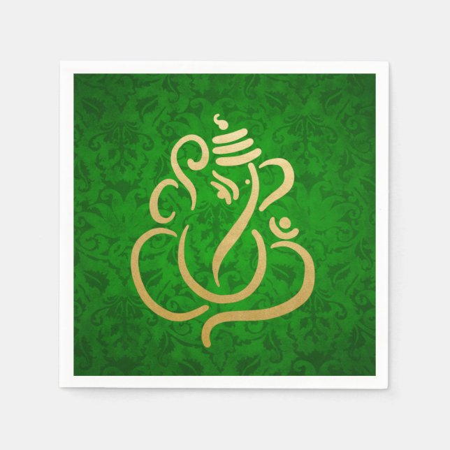 Classy Faux Gold Foil Ganesha Indian Green Damask Napkins (Front)