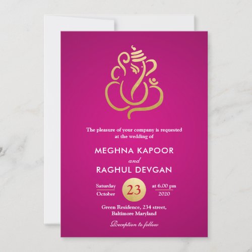 Classy Faux Gold Foil GaneshaIndian Pink Wedding  Invitation