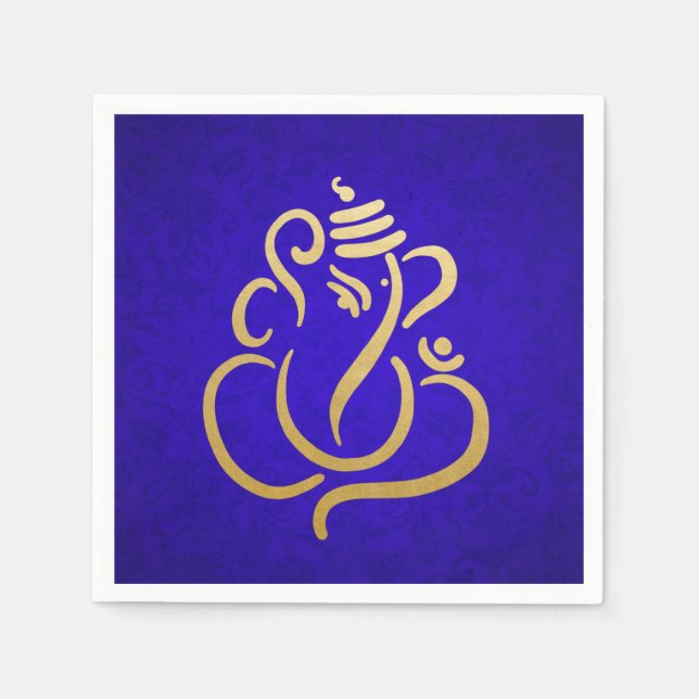 Classy Faux Gold Foil Ganesha Indian Purple Damask Napkins (Front)