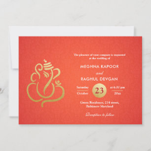 Classy Faux Gold Foil Ganesha Indian Red Damask Invitation