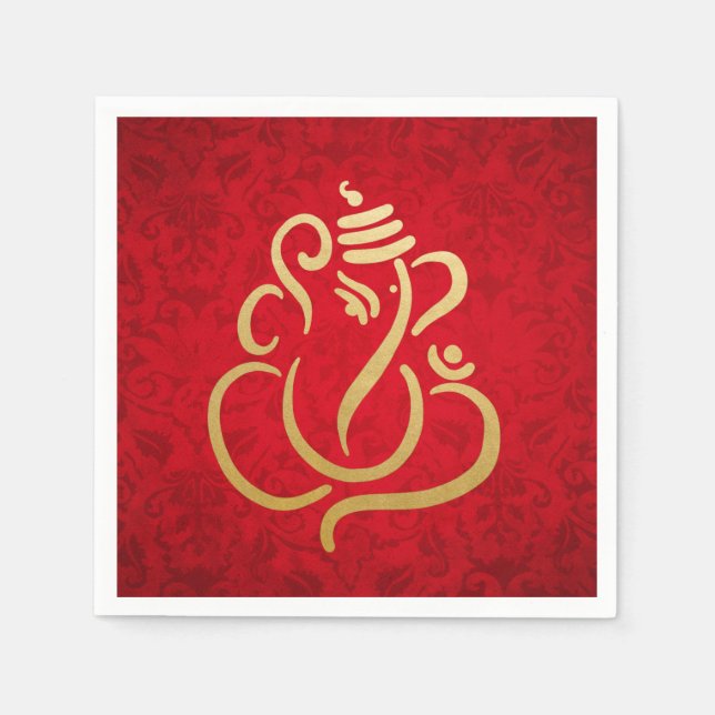 Classy Faux Gold Foil Ganesha Indian Red Damask Napkins (Front)