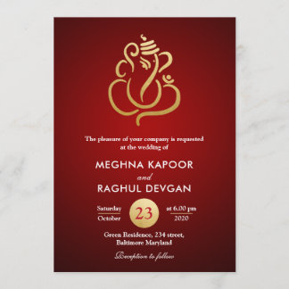 Classy Faux Gold Foil Ganesha/Indian Red Wedding Invitation