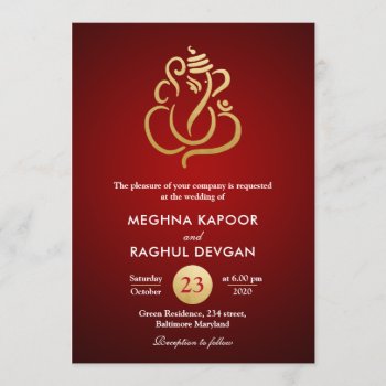 Classy Faux Gold Foil Ganesha/indian Red Wedding Invitation by ohwhynotweddings at Zazzle