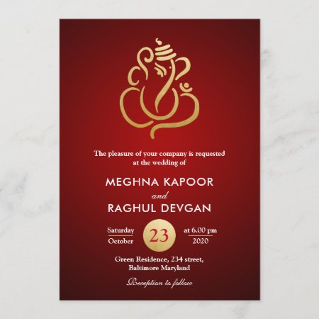 Classy Faux Gold Foil Ganesha/indian Red Wedding Invitation