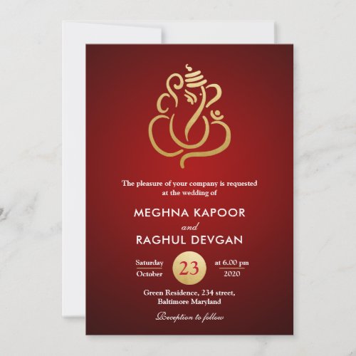 Classy Faux Gold Foil GaneshaIndian Red Wedding Invitation