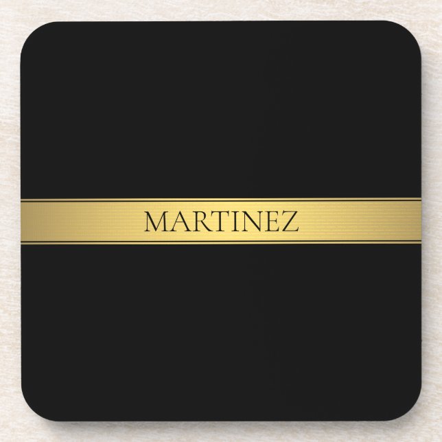 Classy Faux Gold Stripe & Black Background or DIY Beverage Coaster (Front)