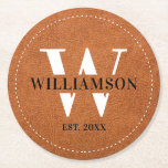 Classy Faux Leather Monogram Initial & Family Name Round Paper Coaster<br><div class="desc">Stylish,  classy paper coasters featuring a faux stitched brown leather background with your monogram initial,  first or last name and year established (birth/wedding year). If you need any help customizing this,  please message me using the button below and I'll be happy to help.</div>