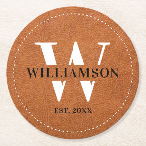 Classy Faux Leather Monogram Initial & Family Name Round Paper Coaster