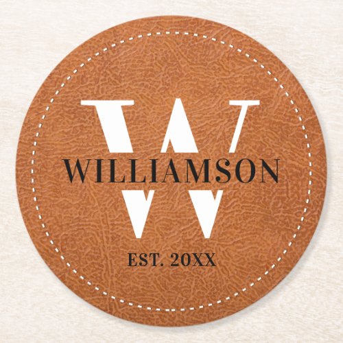 Classy Faux Leather Monogram Initial  Family Name Round Paper Coaster