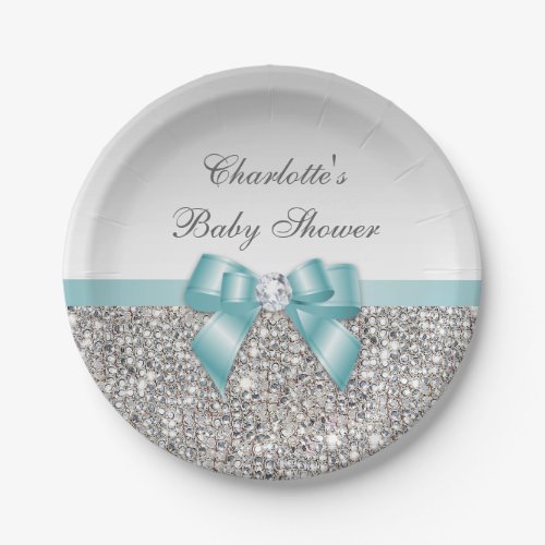 Classy Faux Teal Bow Silver Sequins Baby Shower Paper Plates