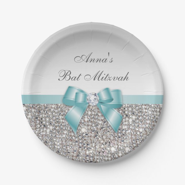 Classy Faux Teal Bow Silver Sequins Bat Mitzvah Paper Plates (Front)