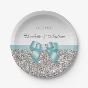 Classy Faux Teal Bow Silver Sequins Wedding Paper Plates