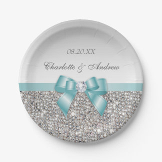 Classy Faux Teal Bow Silver Sequins Wedding Paper Plates