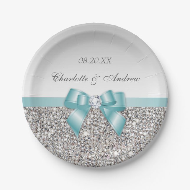 Classy Faux Teal Bow Silver Sequins Wedding Paper Plates (Front)