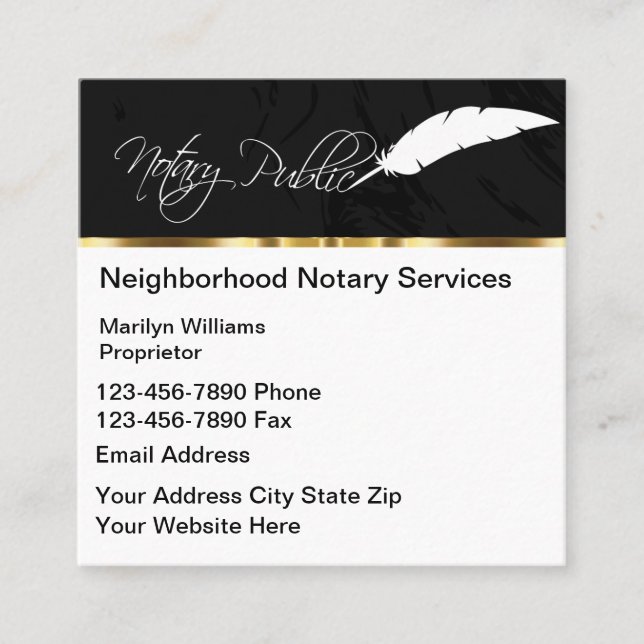 Classy Feather Pen Notary Public Square Business Card (Front)
