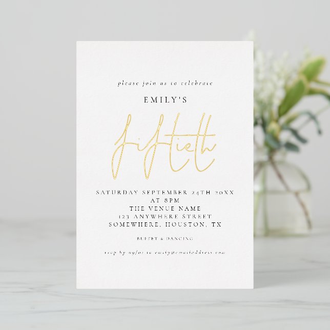 Classy Fiftieth Birthday Party Script Real Foil Invitation (Standing Front)