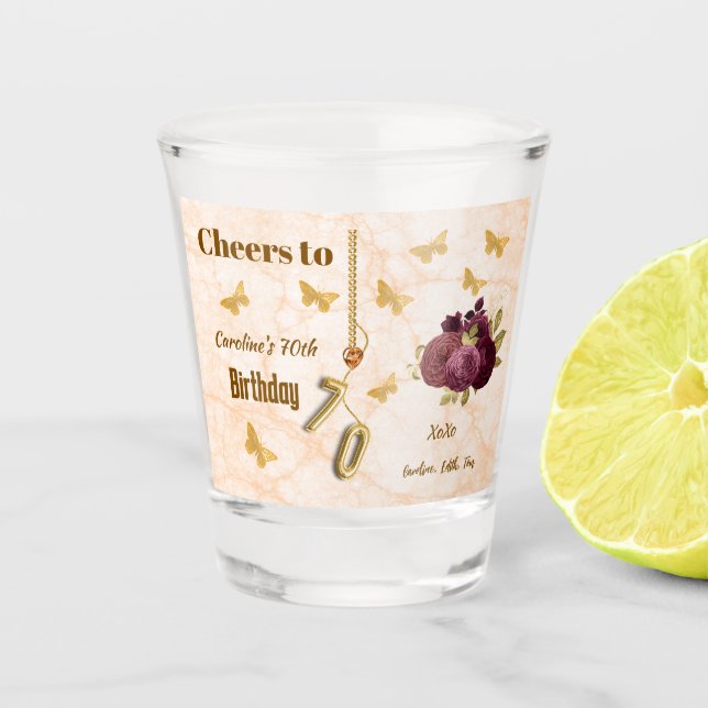 Classy Floral 70th Birthday & Gold Foil Balloon    Shot Glass (Front)
