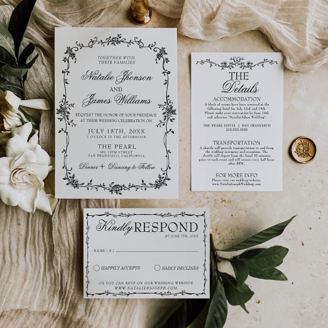 Classy Floral Black And White Botanical Wedding Invitation (Creator Uploaded)