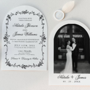 Classy Floral Black White Botanical Arched Wedding Invitation