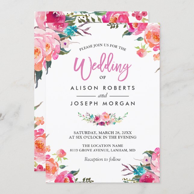 Classy Floral Blossom Watercolor Flowers Wedding Invitation (Front/Back)